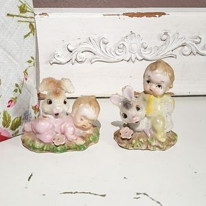 Vtg Baby Boy & Baby Girl And Bunny's Figurine